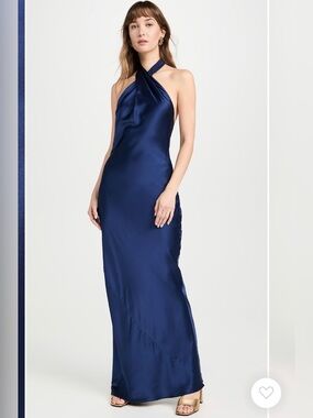 Amanda Uprichard Jade Silk Crossover Halter Maxi Dress in Navy NWT 100% Silk